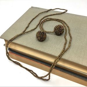 Vintage Matte Gold Tone Peyote Stitch Seed Beaded Bead Lariat Necklace